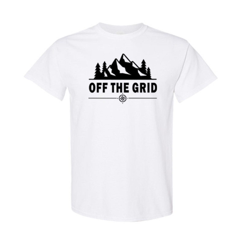 Classic fit camping shirt featuring Off the Grid bold text with mountain silhouette, pine trees, and compass rose graphic