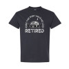 Funny retirement camping shirt featuring Does This Shirt Make Me Look Retired text with vintage camper trailer, pine trees, and crescent moon graphic