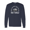 Long sleeve funny retirement camping shirt featuring Does This Shirt Make Me Look Retired text with vintage camper trailer, pine trees, and crescent moon graphic