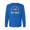 Long sleeve funny retirement camping shirt featuring Does This Shirt Make Me Look Retired text with vintage camper trailer, pine trees, and crescent moon graphic