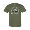 Funny retirement camping shirt featuring Does This Shirt Make Me Look Retired text with vintage camper trailer, pine trees, and crescent moon graphic