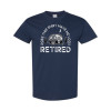 Funny retirement camping shirt featuring Does This Shirt Make Me Look Retired text with vintage camper trailer, pine trees, and crescent moon graphic
